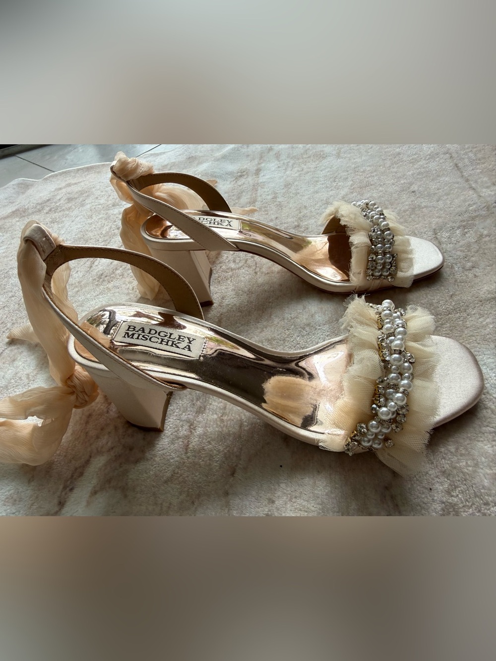 Badgley Mischka Champagne Pearl & Tulle Block Heel Sandals